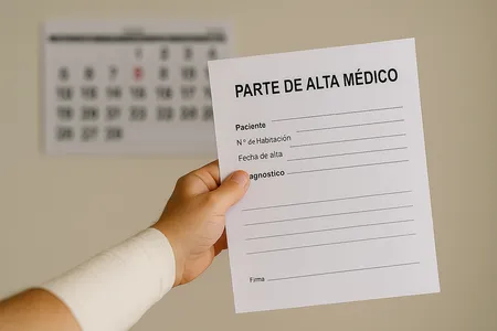 Trabajador con parte de alta médica revisando plazos de impugnación (4 y 10 días).