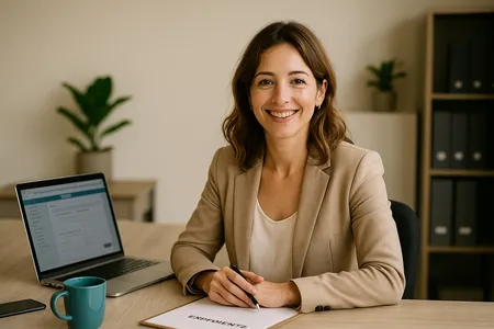 Gestora tramitando online expedientes de Seguridad Social y Mutuas en oficina luminosa