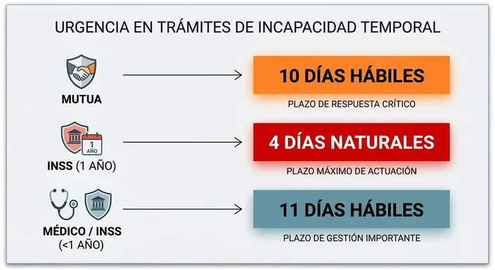 Infografía con los plazos legales exactos para impugnar altas de Mutua e INSS