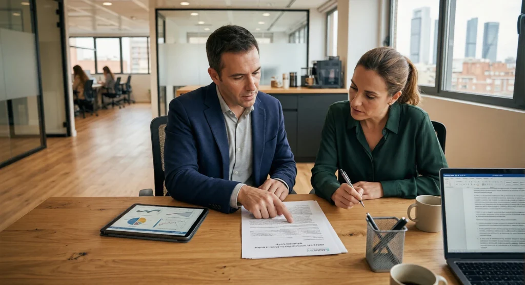 Dos profesionales de Mutuafacil enfocados revisando informes médicos y un modelo de impugnación de alta de la mutua en una oficina moderna.