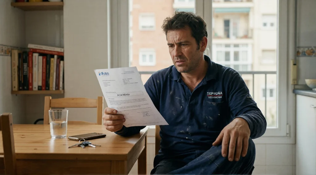 Trabajador preocupado leyendo documento de alta médica forzosa de la mutua tras un accidente laboral.