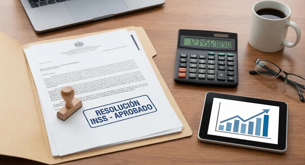 Resolución del INSS con el sello de aprobado junto a una calculadora y un gráfico al alza, para calcular los atrasos que la mutua debe pagar tras el cambio de contingencia a accidente de trabajo