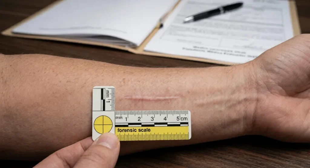 Regla de medición pericial evaluando una cicatriz para calcular la indemnización por accidente laboral