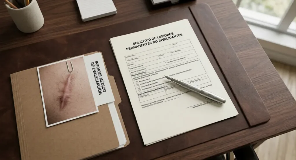Formulario oficial de solicitud de lesiones permanentes no invalidantes junto a un expediente médico.
