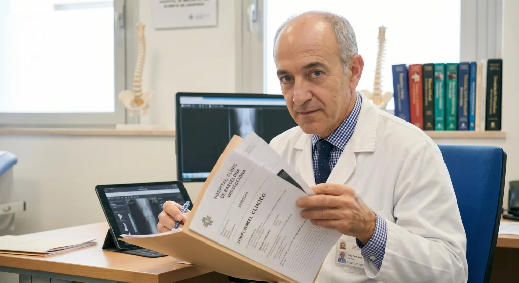 médico ICAM revisando historial de incapacidad permanente Cataluña