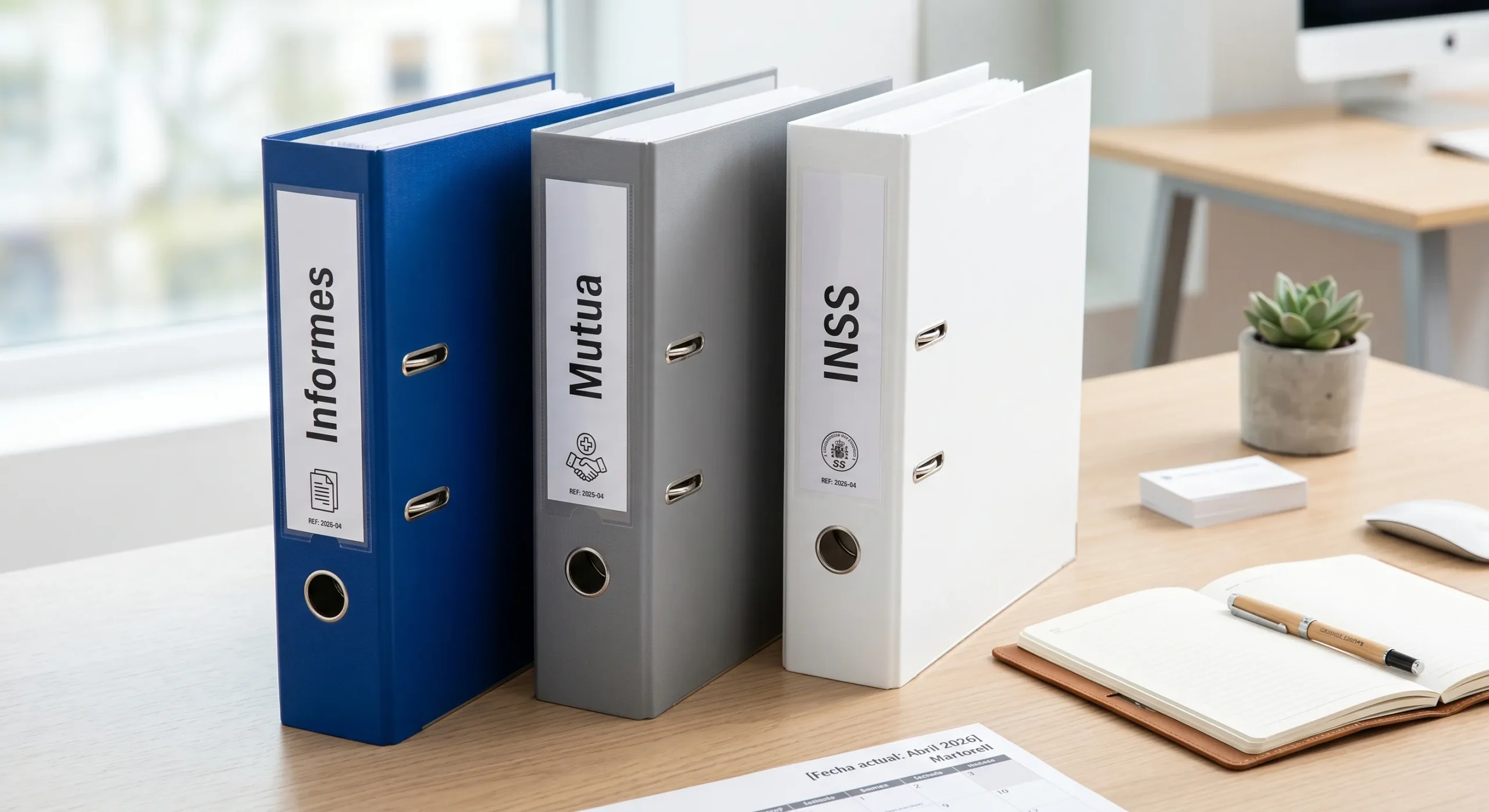 Archivadores con expedientes del INSS y mutua sobre escritorio para preparar cita con tribunal médico Madrid