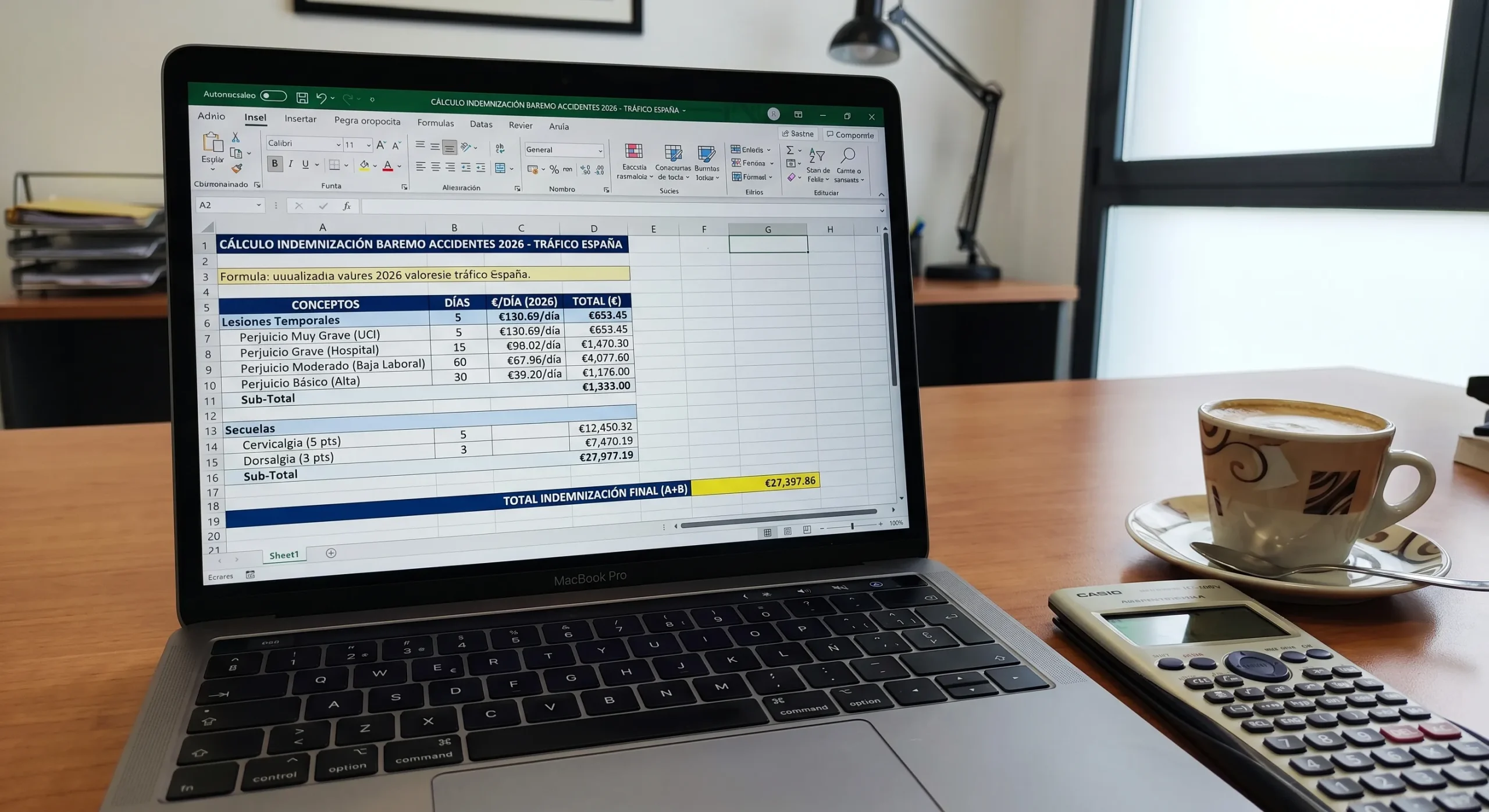 Cálculo de indemnización por baremo de accidente laboral con rodilla menisco en ordenador portátil