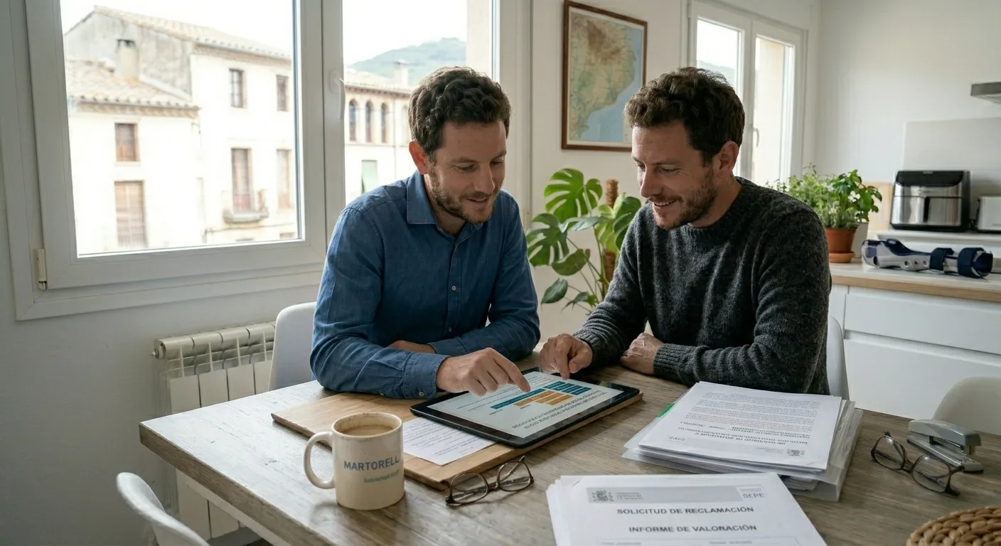 Trabajador con túnel carpiano y asesor revisando solicitud de incapacidad permanente en tablet