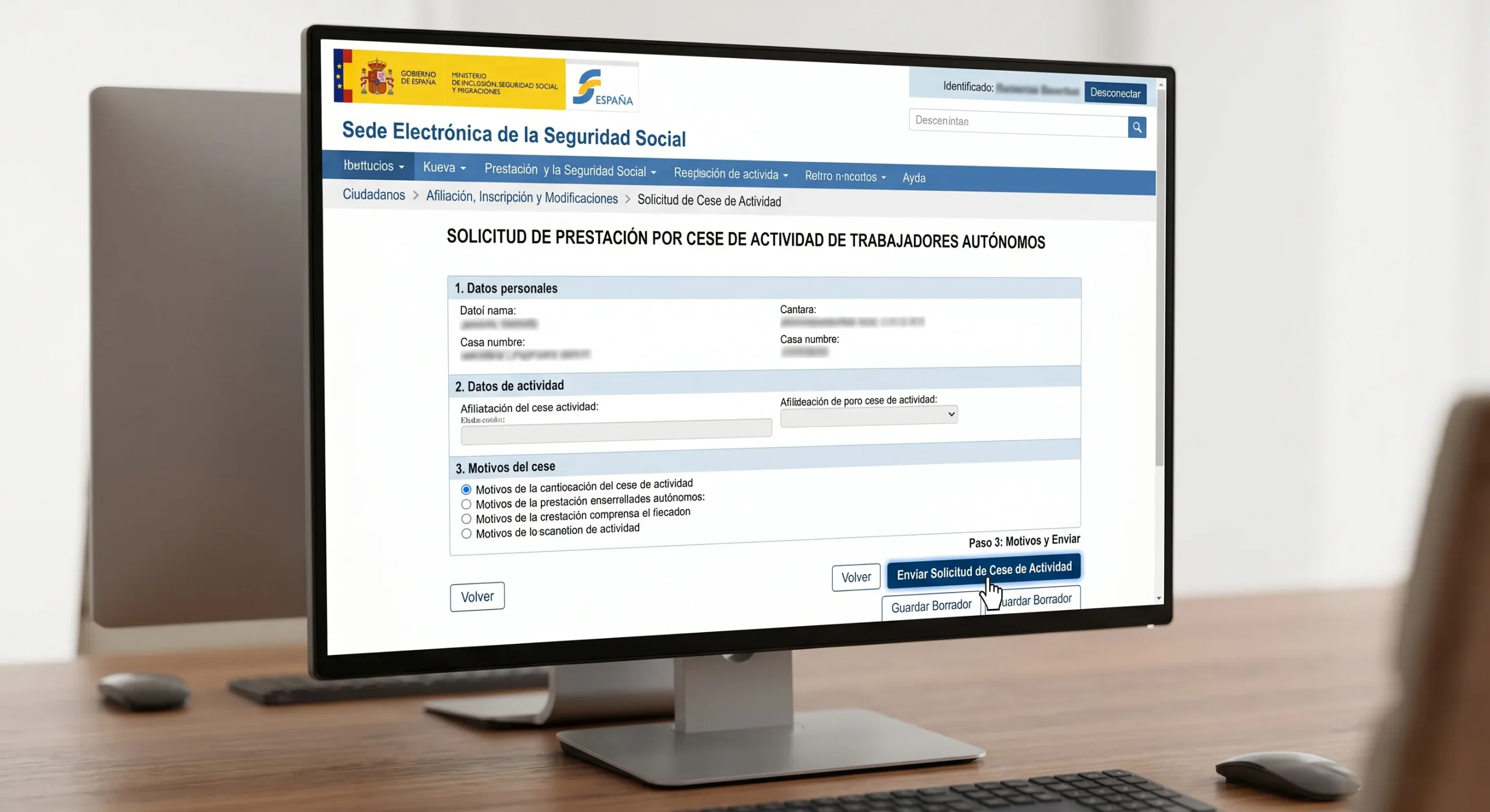 Pantalla de sede electrónica con formulario de cese de actividad para autónomo de baja médica