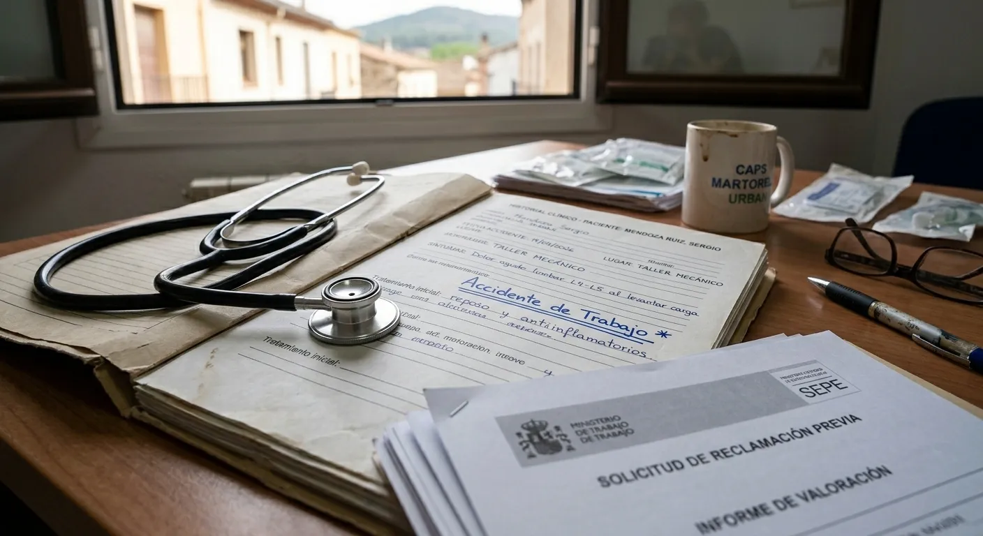 Historial clínico de accidente de trabajo con estetoscopio sobre mesa para reclamar enfermedad profesional