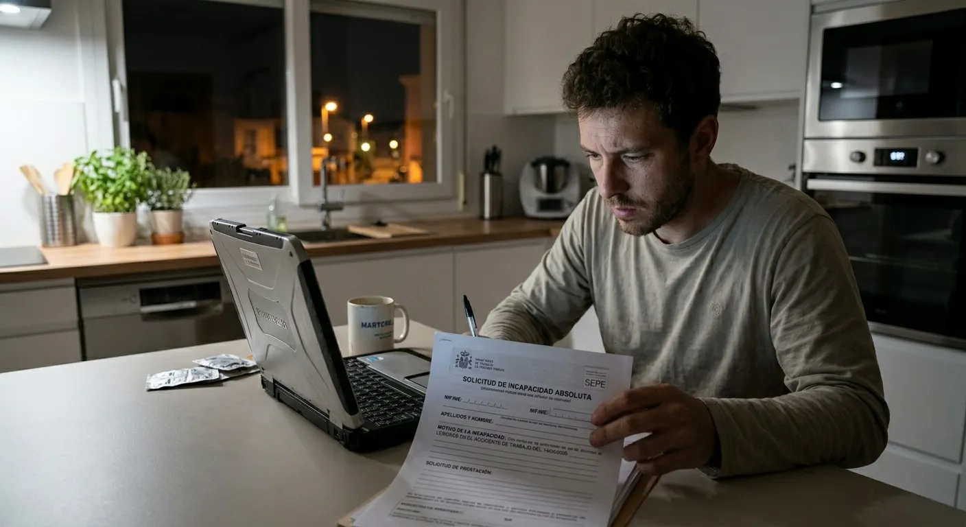 Hombre joven leyendo de noche la notificación de revisión de su incapacidad permanente absoluta