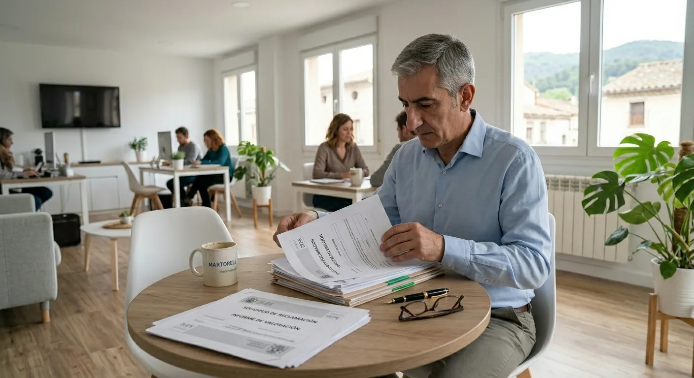Trabajador maduro revisando documentos de reclamación LPNI por lesión de hombro en accidente laboral