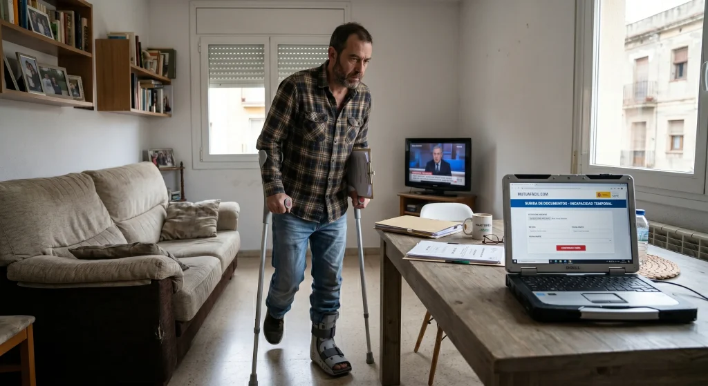 Hombre con muletas en el salón gestionando su baja médica con el ordenador
