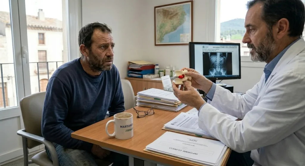 Médico explicando radiografía de columna vertebral a paciente con lumbalgia crónica en consulta de incapacidad permanente