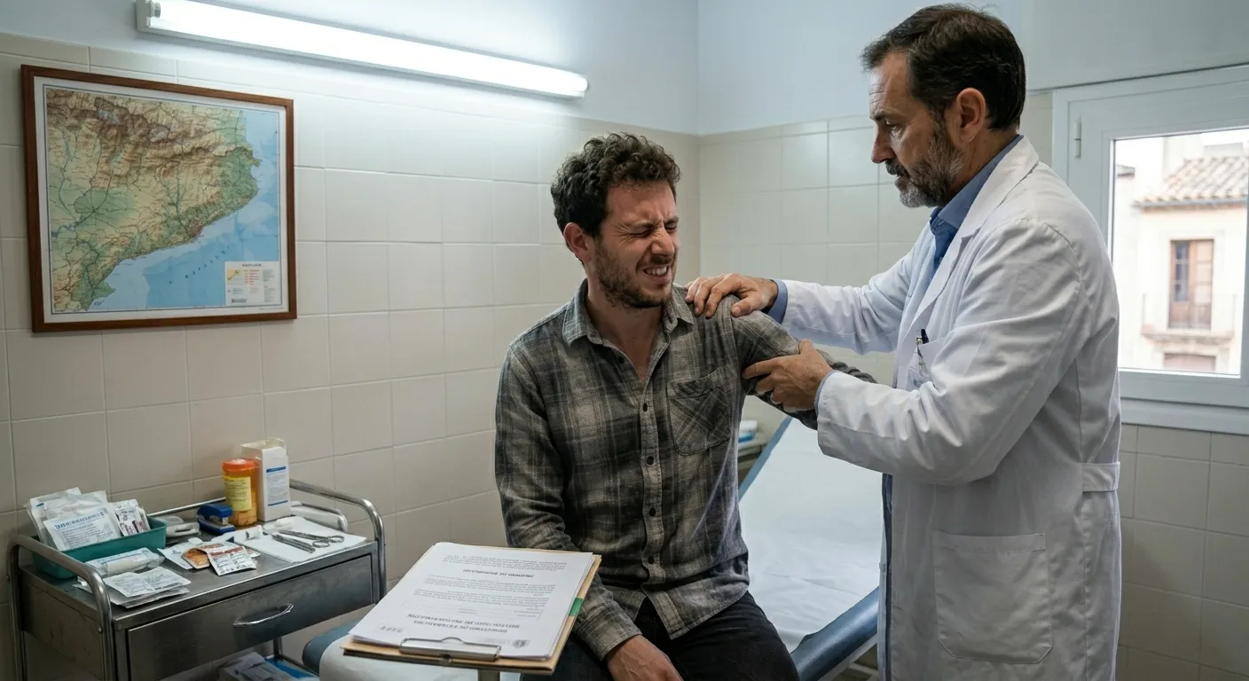 Médico explorando hombro de paciente con lesión de manguito rotador por accidente laboral para valoración LPNI