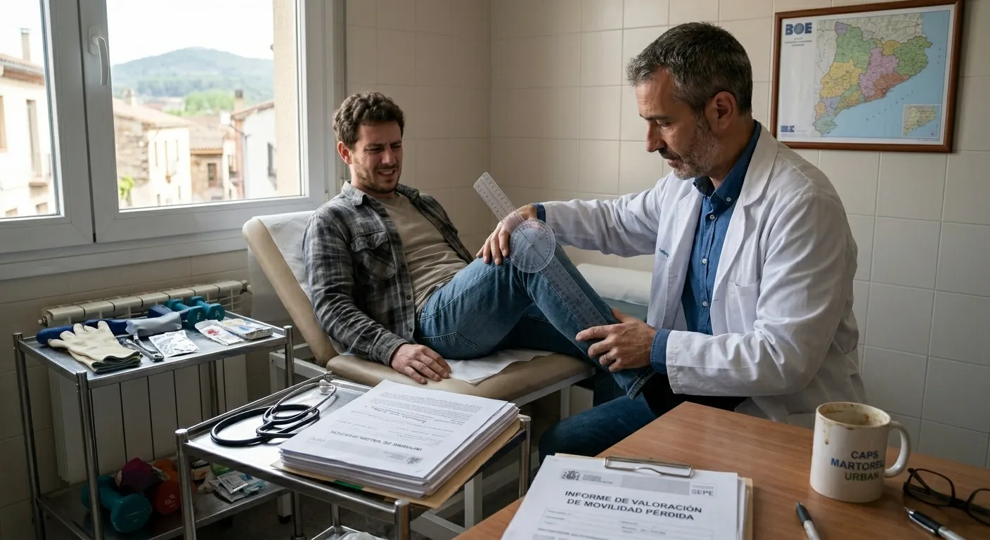 Médico explorando rodilla de paciente joven con secuelas de menisco tras accidente laboral para valoración LPNI