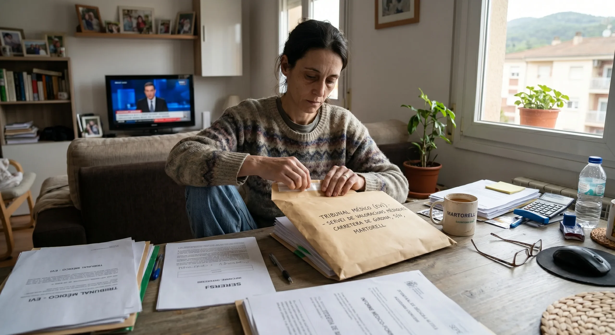 Mujer abriendo sobre con citación del tribunal médico del INSS en Madrid para revisión de incapacidad