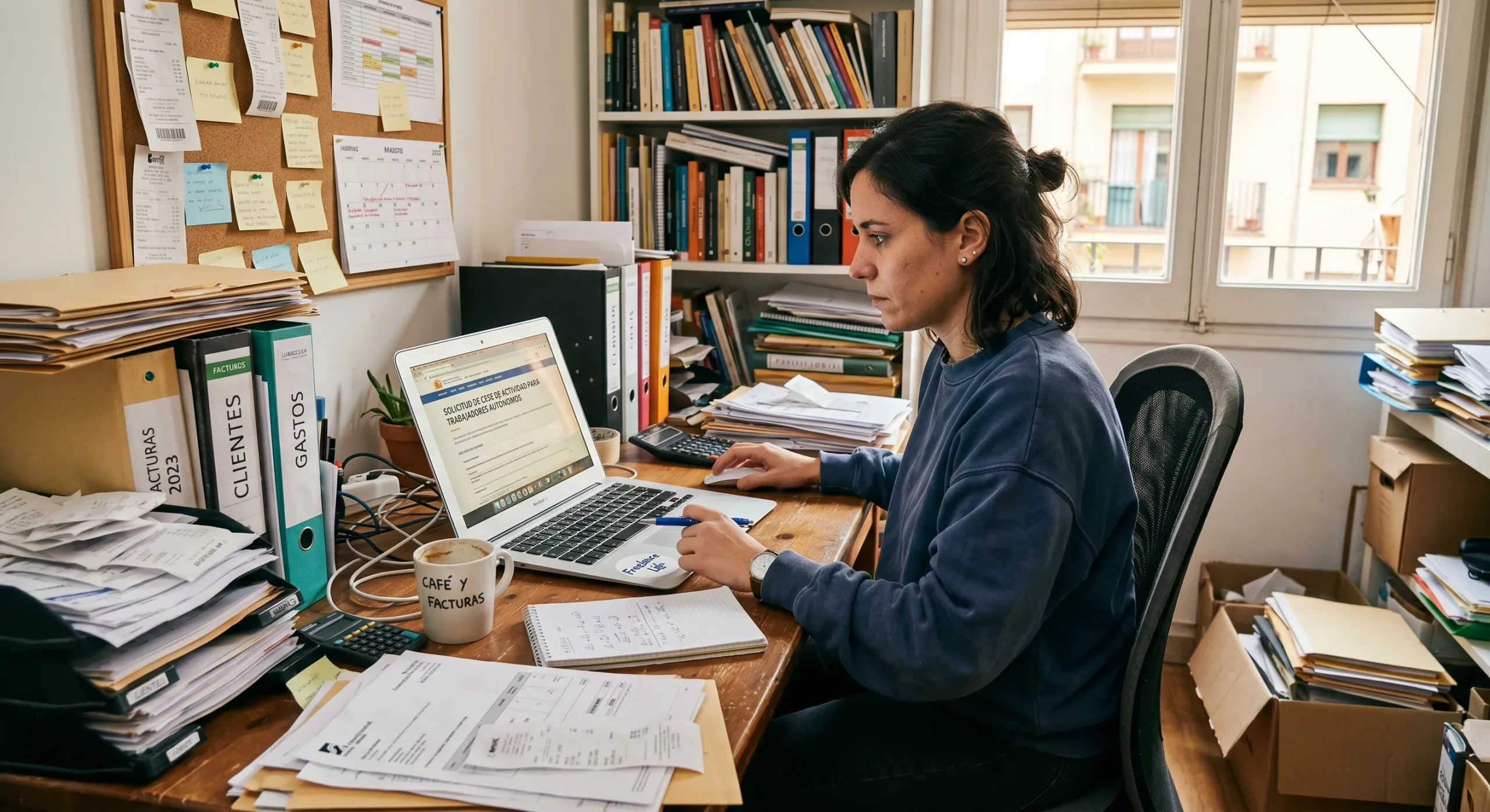 Mujer autónoma en despacho tramitando cese de actividad por ordenador mientras está de baja médica