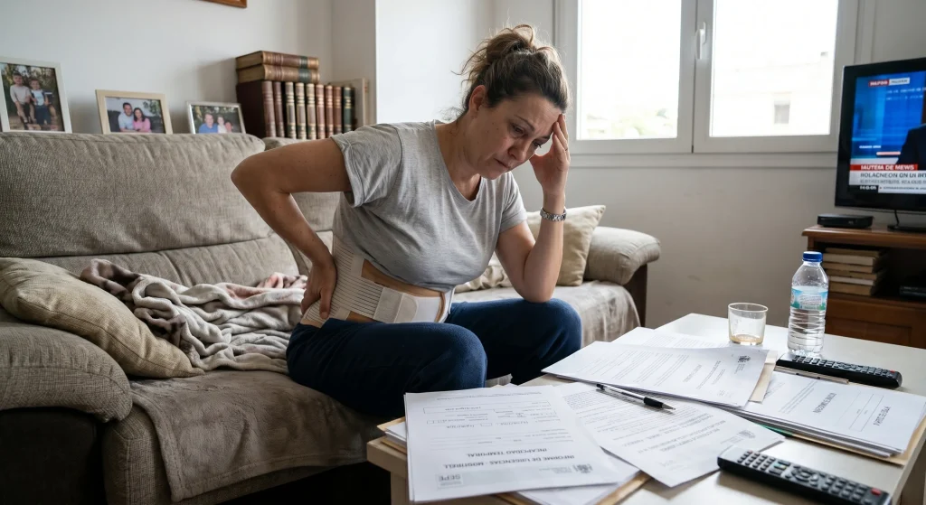 Mujer con lumbalgia crónica y cinturón lumbar revisando documentos de incapacidad permanente en el sofá