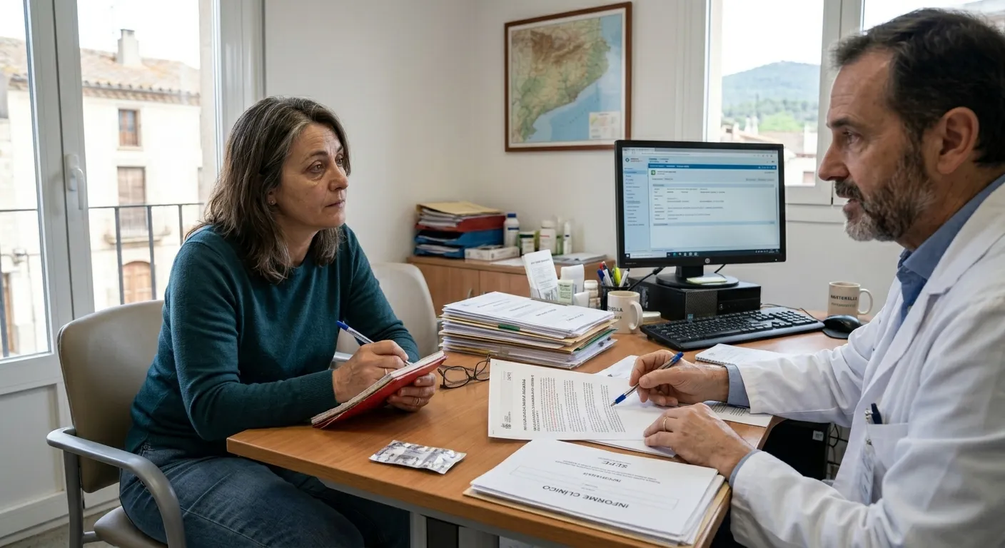 Médico anotando informe clínico de paciente oncológica en consulta para valoración de incapacidad permanente