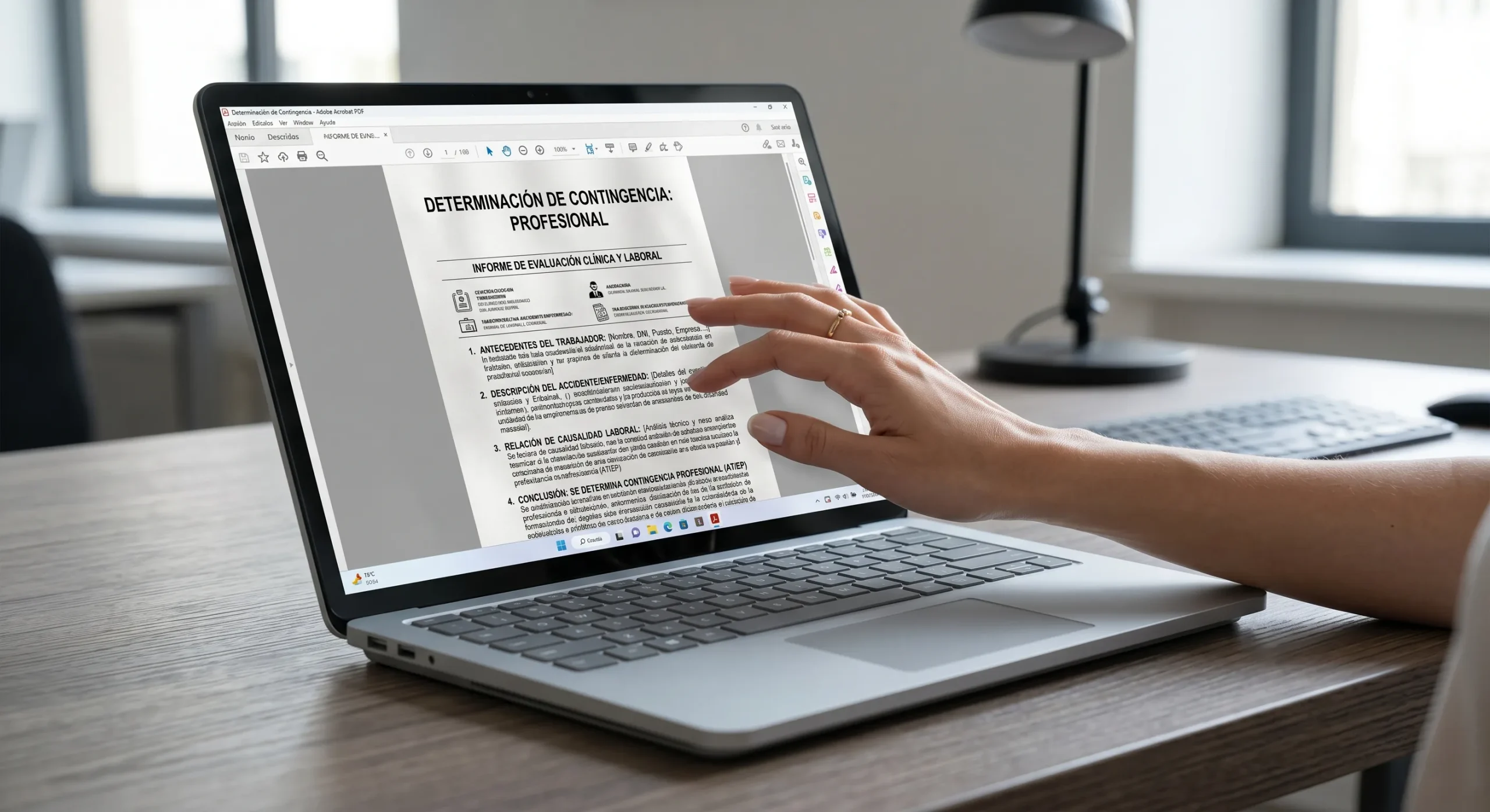 Pantalla de ordenador mostrando expediente de determinación de contingencia profesional en INSS