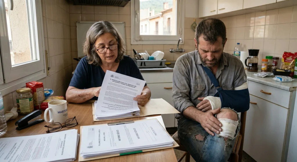 Pareja revisando en la cocina los documentos de la mutua tras un accidente laboral, hombre con brazo escayolado