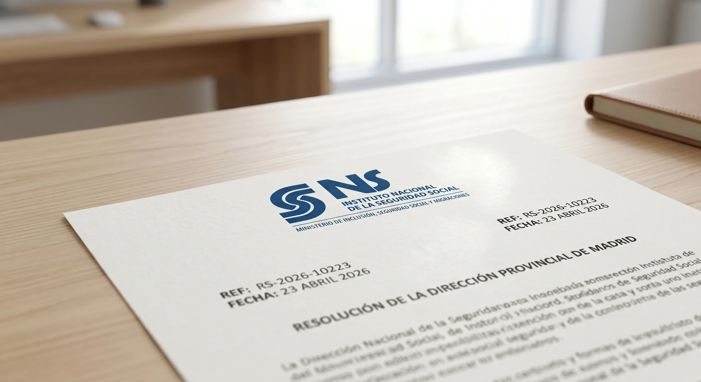 Resolución del INSS sobre prestación por accidente de trabajo sobre mesa, para reclamación previa