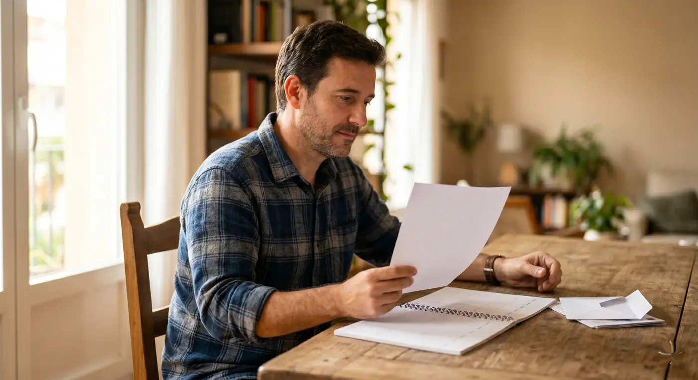 Hombre recibiendo carta en su domicilio sobre situación laboral tras 545 días de baja