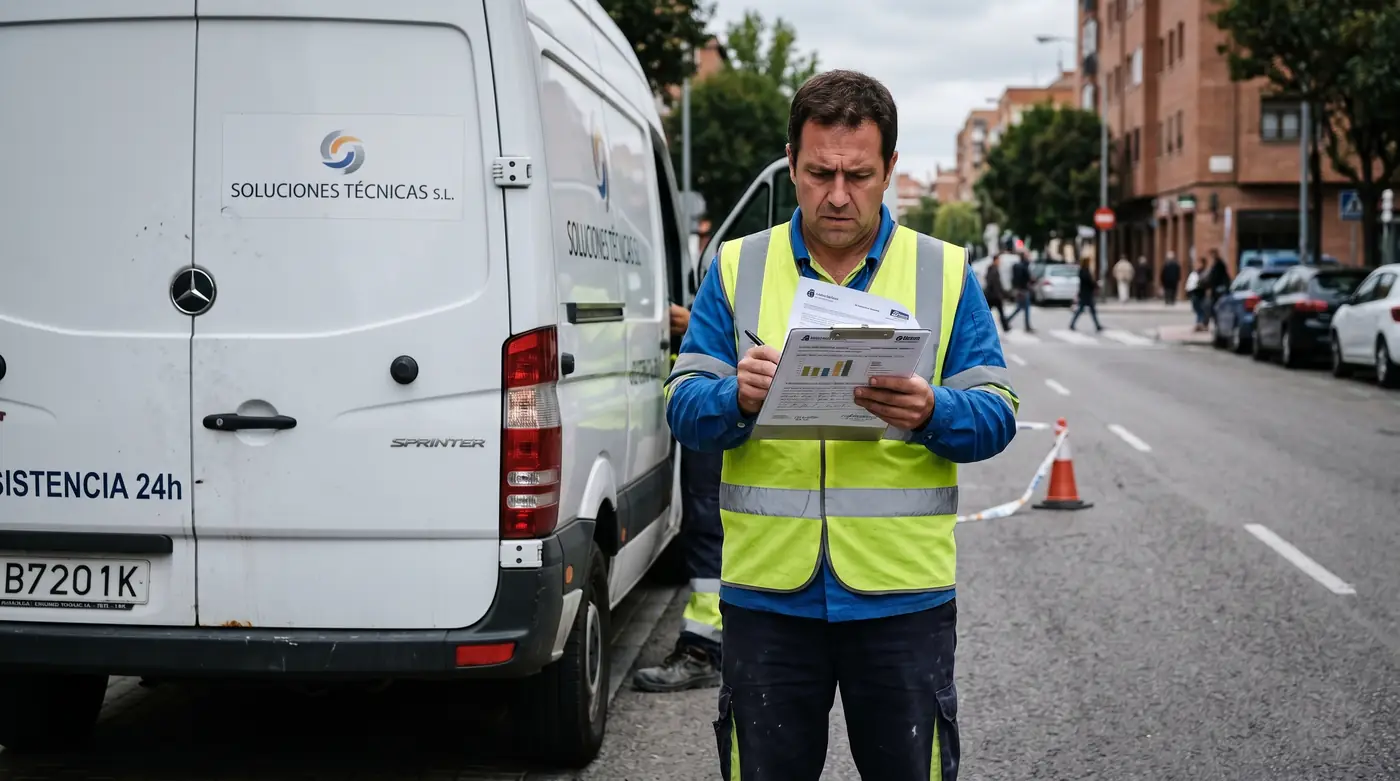 Trabajador desplazado por trabajo revisa la documentación tras un accidente en misión