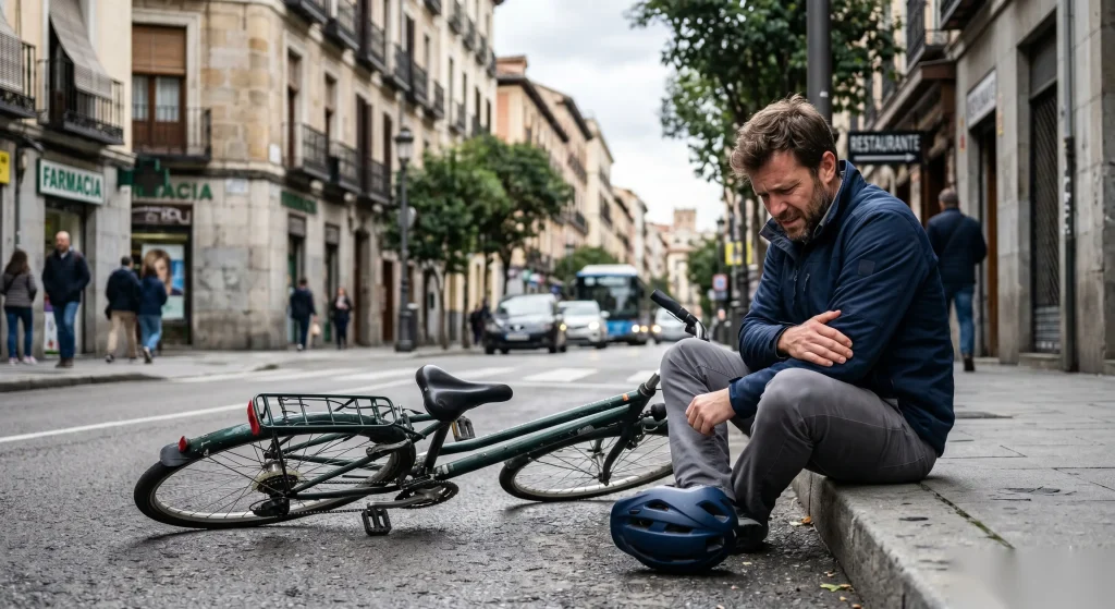 Hombre sentado en el bordillo de una calle española junto a su bicicleta caída, con expresión de dolor tras un accidente in itinere