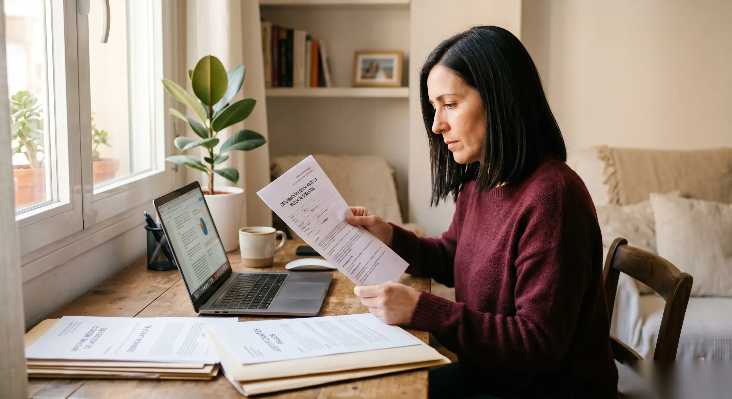 Mujer revisando documentos de reclamación laboral a la mutua en una mesa de trabajo con portátil