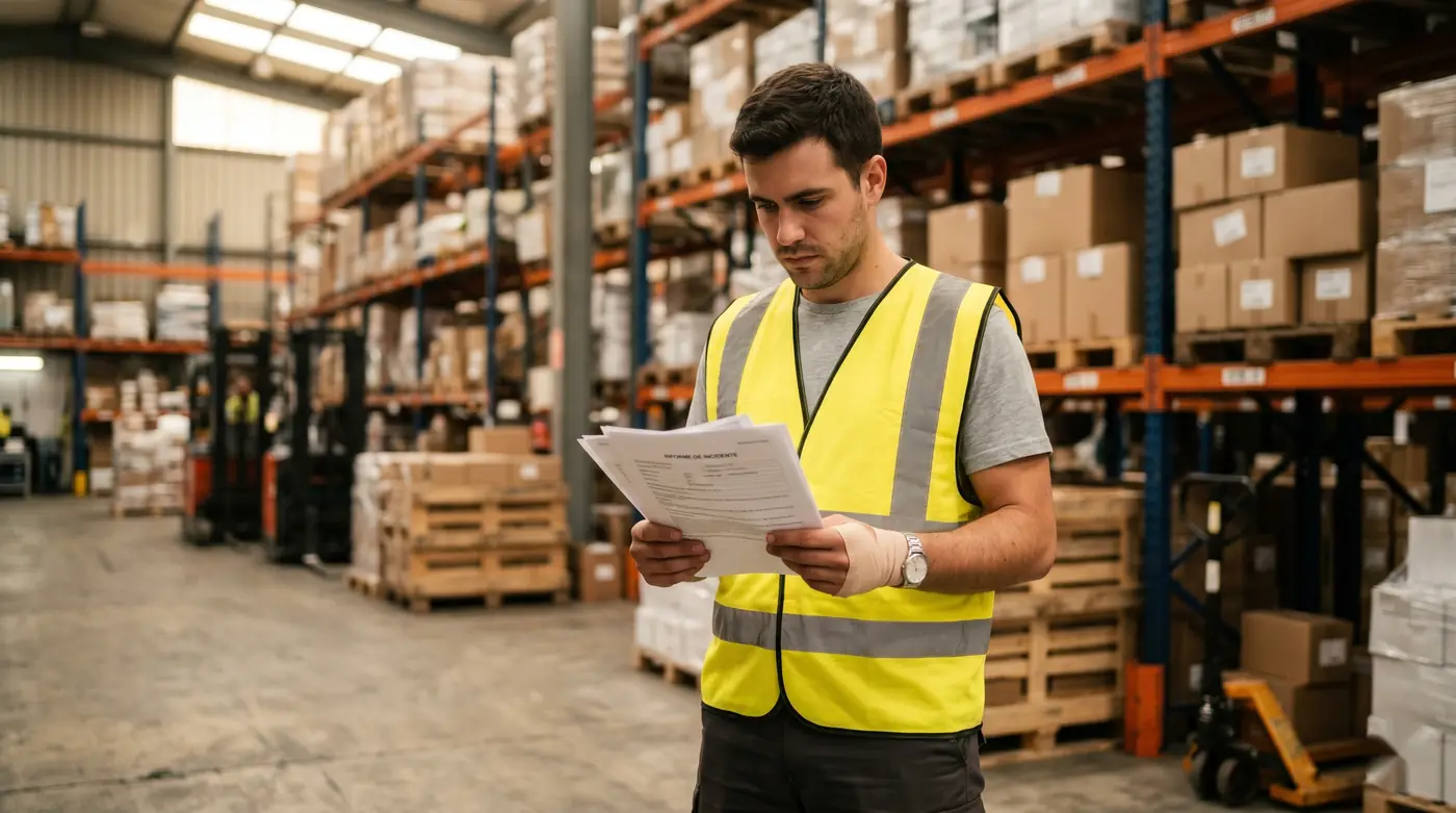 Trabajador de ETT en un almacén revisando la documentación tras un accidente laboral