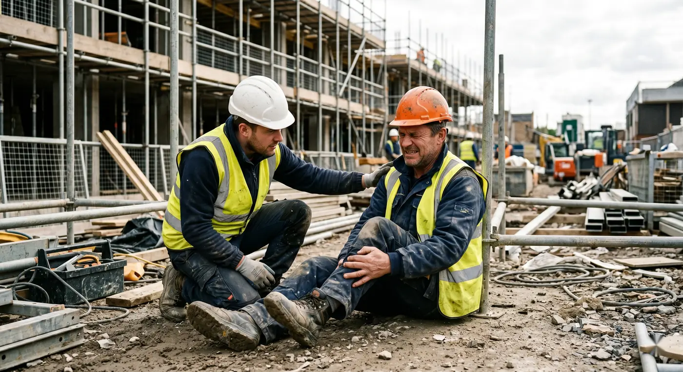 Dos trabajadores de la construcción en una obra; uno ayuda a su compañero accidentado sentado en el suelo junto a un andamio