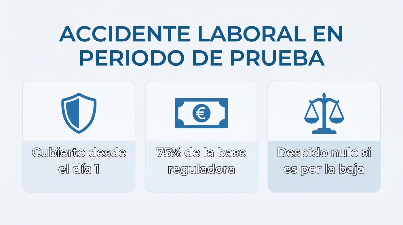 Infografia con los tres derechos en un accidente laboral en periodo de prueba: cubierto desde el dia 1, 75% de la base reguladora y despido nulo si es por la baja