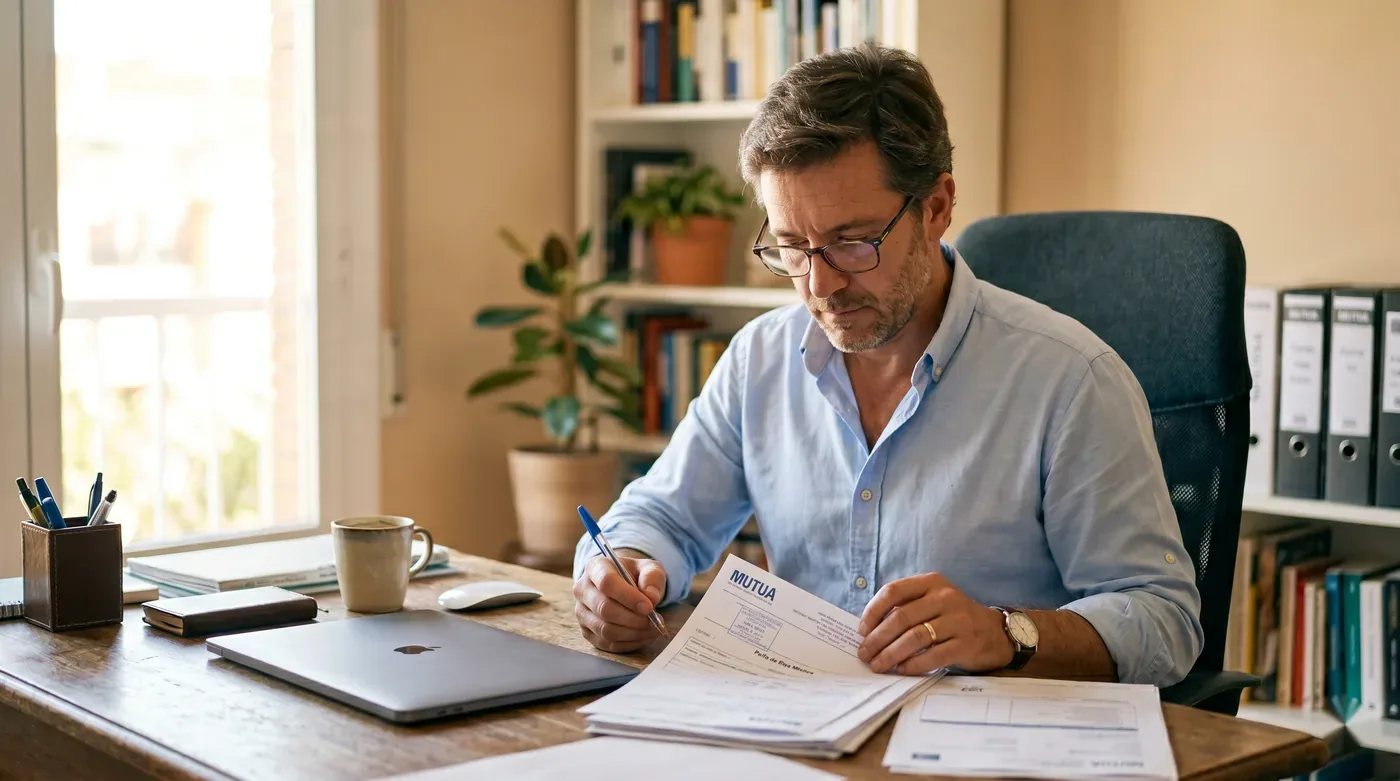 Hombre revisando dos nóminas en casa con una calculadora para comprobar la base de cotización de sus dos empleos.