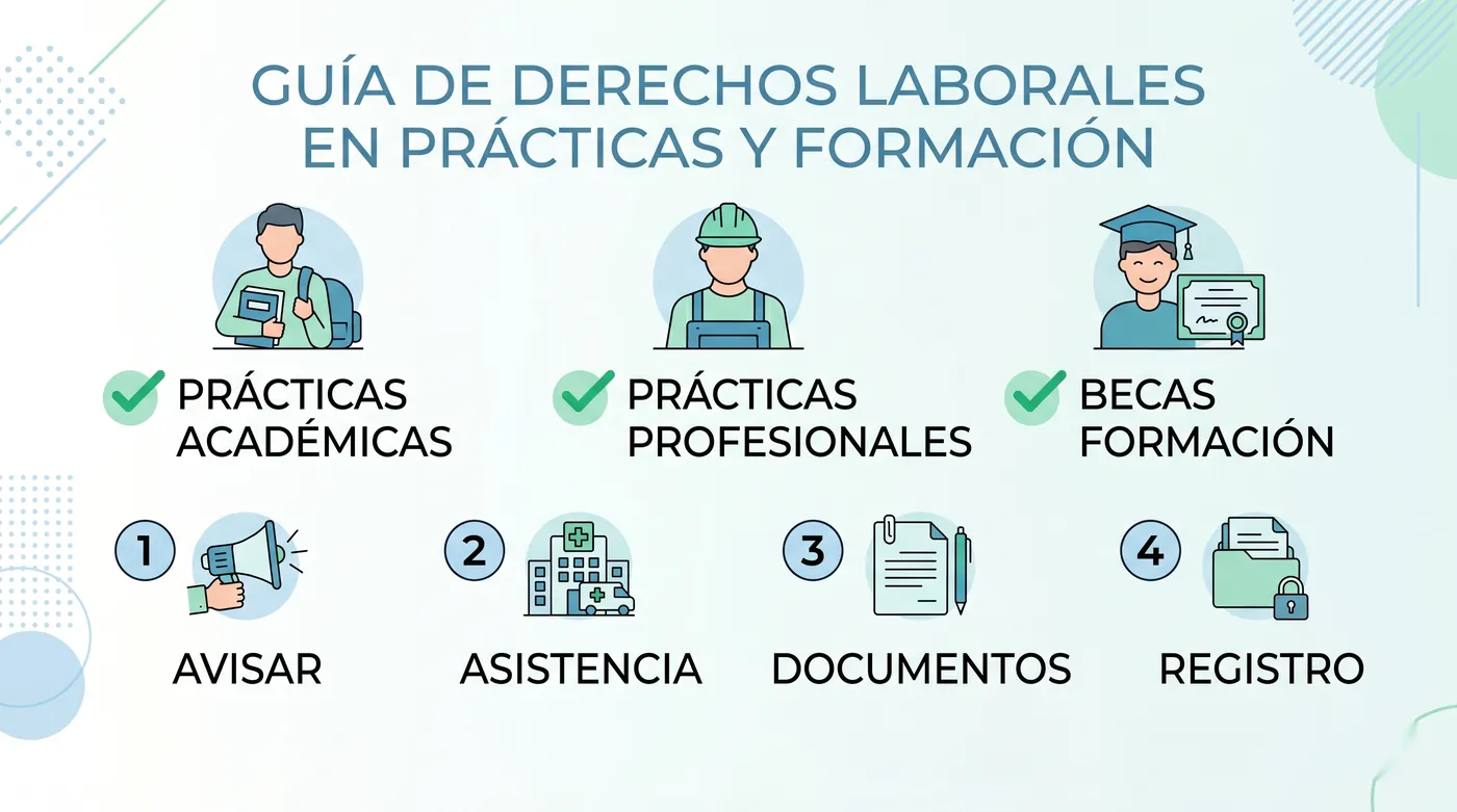 Infografia sobre la cobertura del accidente de trabajo en practicas academicas, profesionales y becas, con los pasos a seguir tras el accidente