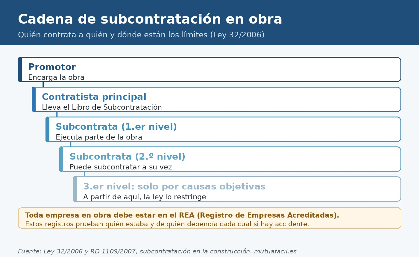 Infografía de la cadena de subcontratación en construcción: promotor, contratista y subcontratas