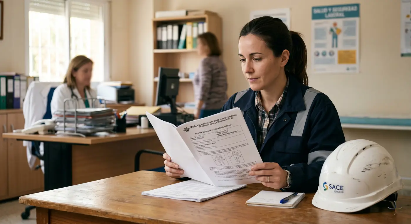 Trabajadora con casco de obra revisando informe médico tras accidente laboral.