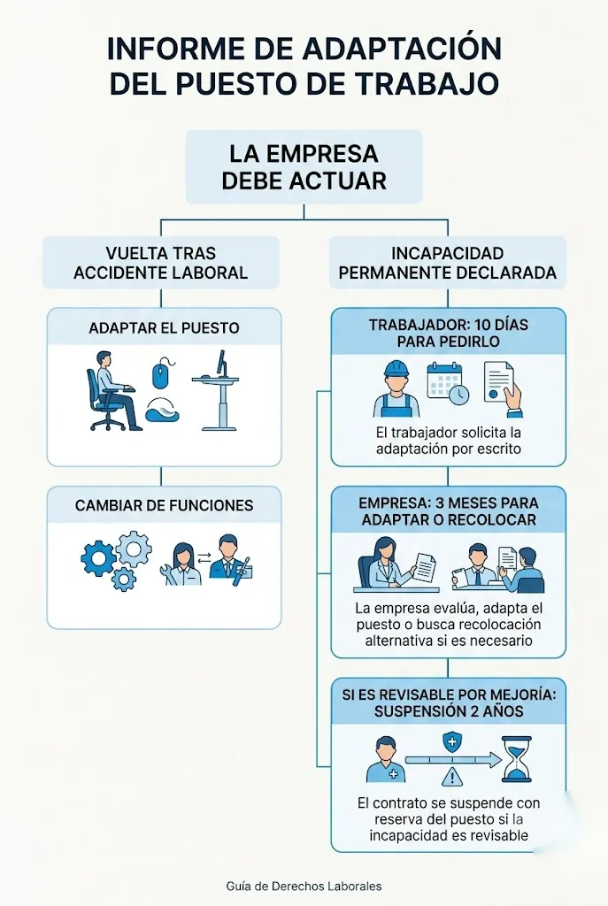 Infografía con el árbol de decisión de la empresa ante un accidente laboral o una incapacidad permanente, con los plazos de 10 días, 3 meses y 2 años