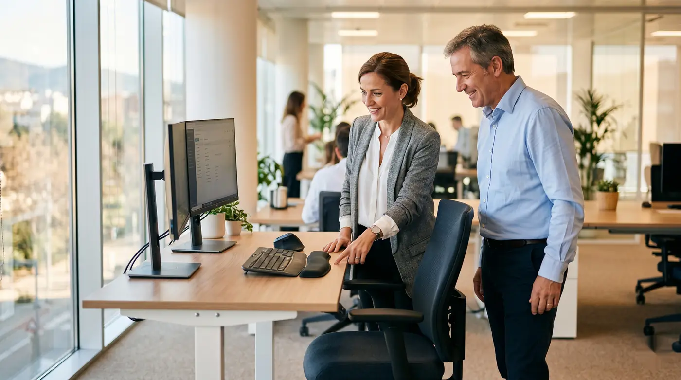 Responsable de recursos humanos y trabajador revisando un puesto de trabajo adaptado con mobiliario ergonómico