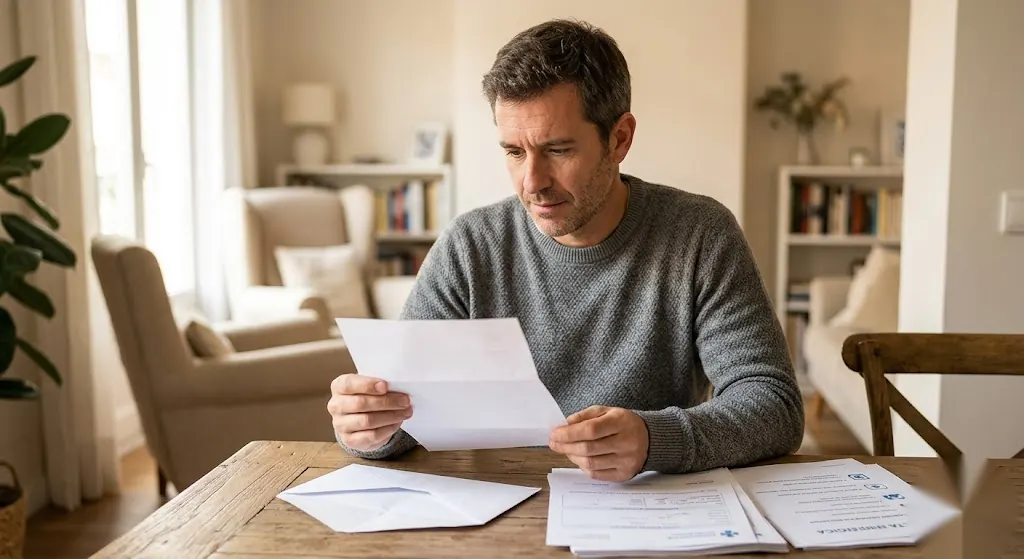 Hombre preocupado leyendo en casa la notificación del alta médica del INSS junto a sus informes médicos.