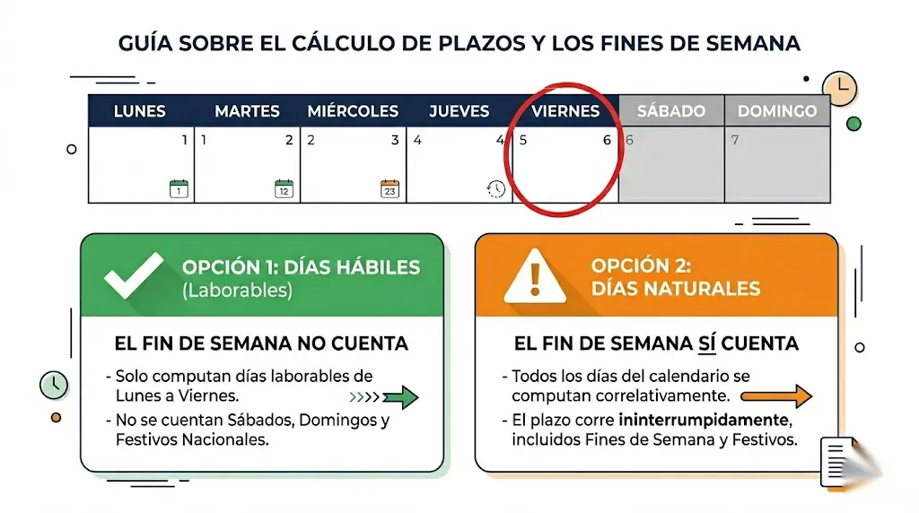 Infografía con un calendario que compara cómo se cuenta el plazo para impugnar el alta médica en días hábiles y en días naturales cuando el alta cae en viernes