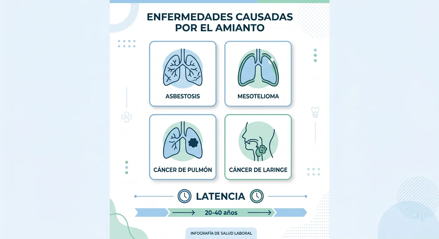 Infografía de las enfermedades profesionales causadas por el amianto: asbestosis, mesotelioma, cáncer de pulmón y cáncer de laringe