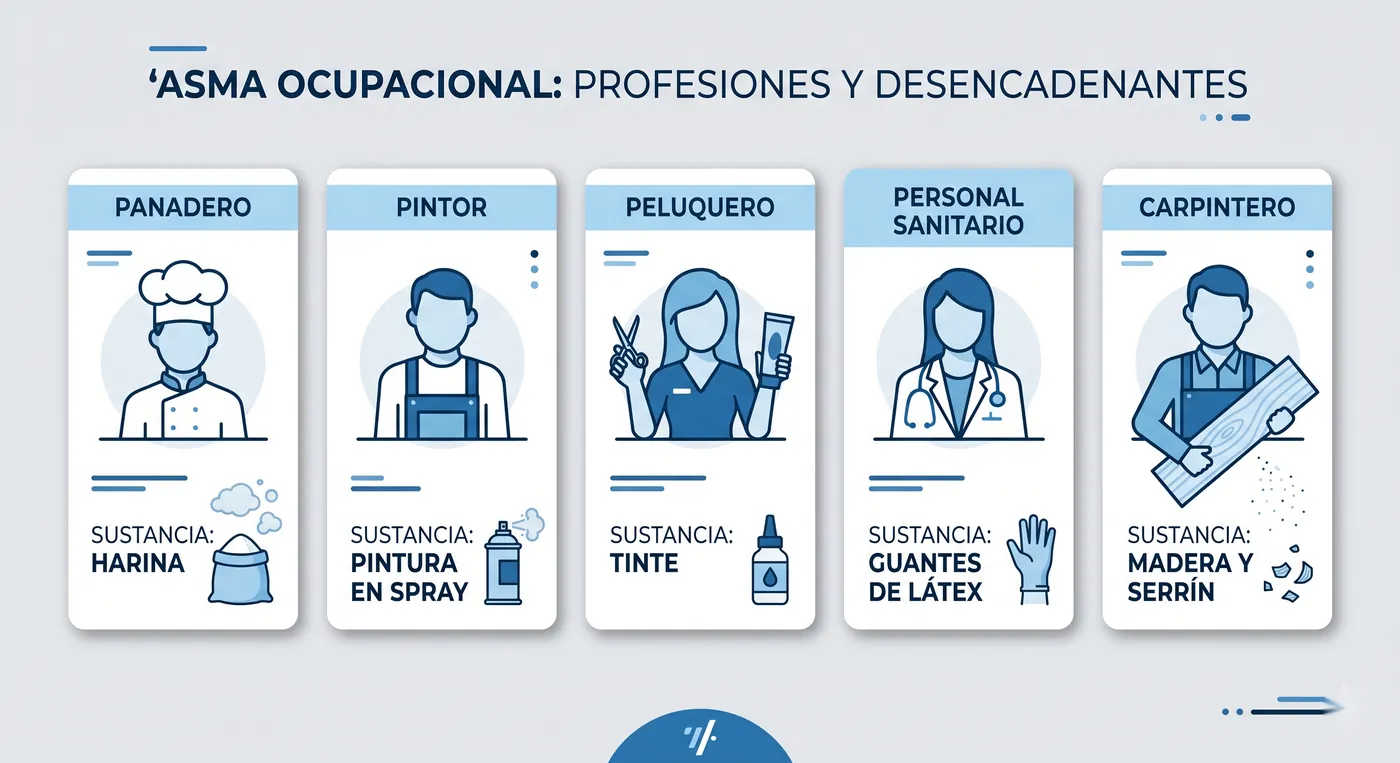 Infografía de profesiones y sustancias que causan asma ocupacional reconocidas como enfermedad profesional