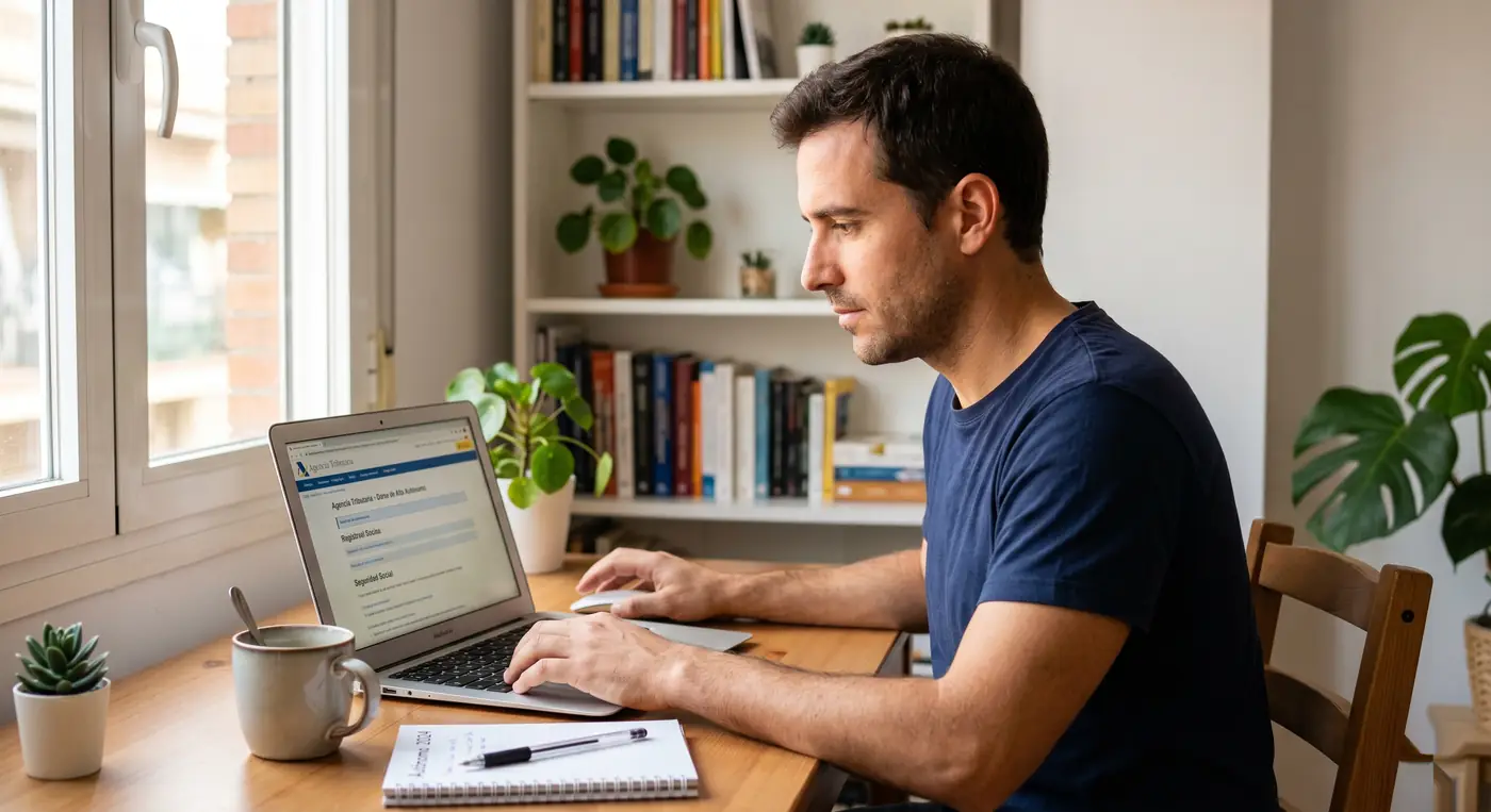 Autónomo gestionando el alta en la Seguridad Social desde su espacio de trabajo