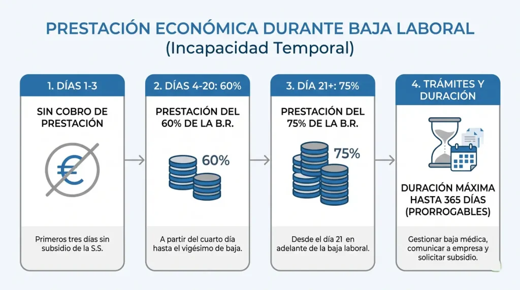 Infografía sobre la prestación económica durante la baja laboral por depresión: días 1-3 sin cobro, días 4-20 al 60%, día 21 en adelante al 75% de la base reguladora