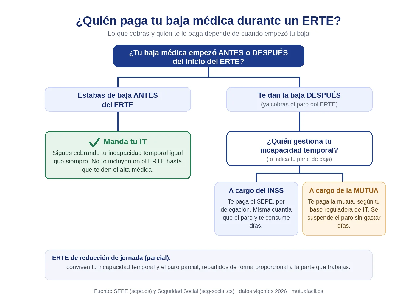 Infografía con el árbol de decisión de quién paga la baja médica durante un ERTE