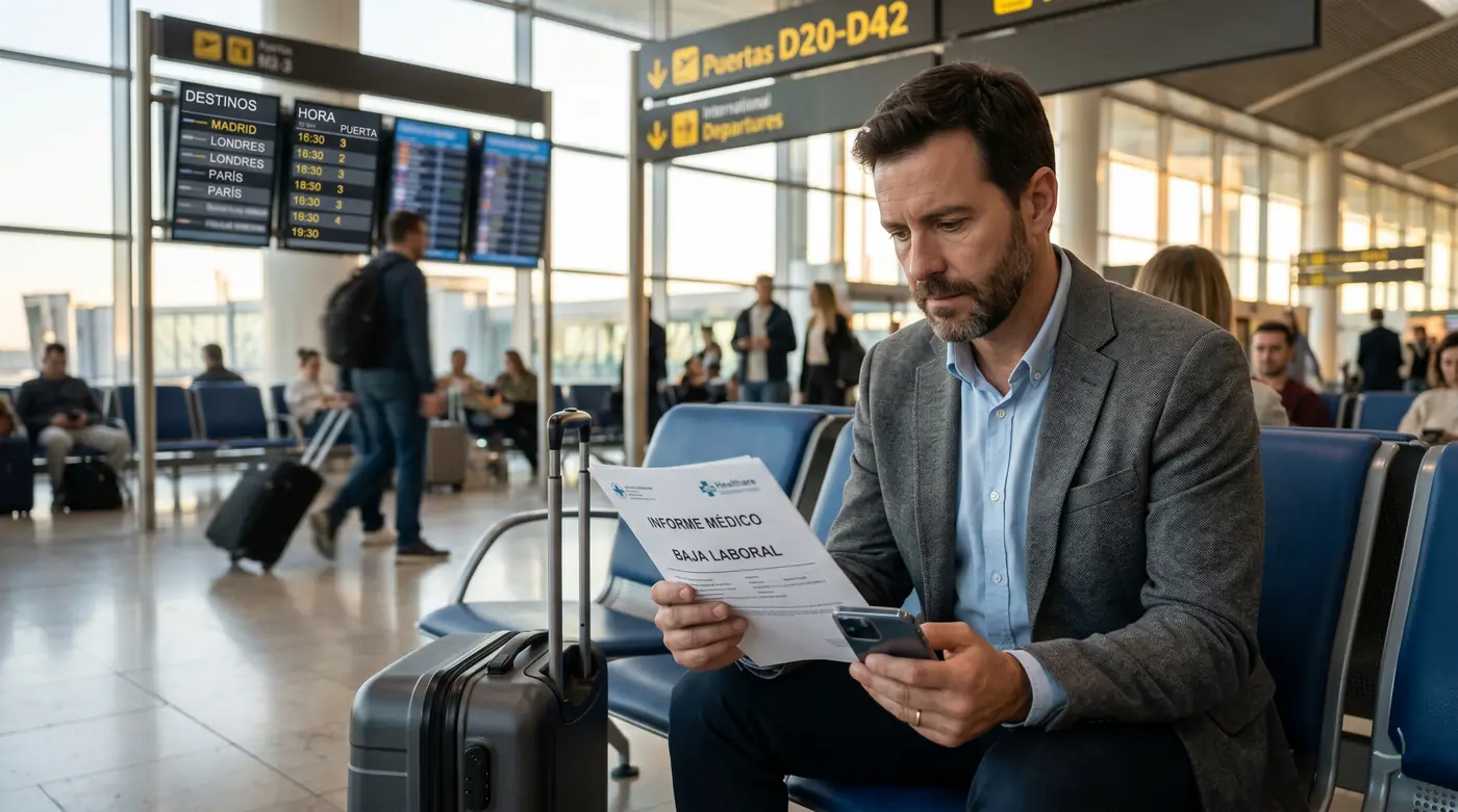 Trabajador de baja médica consultando sus documentos antes de viajar al extranjero
