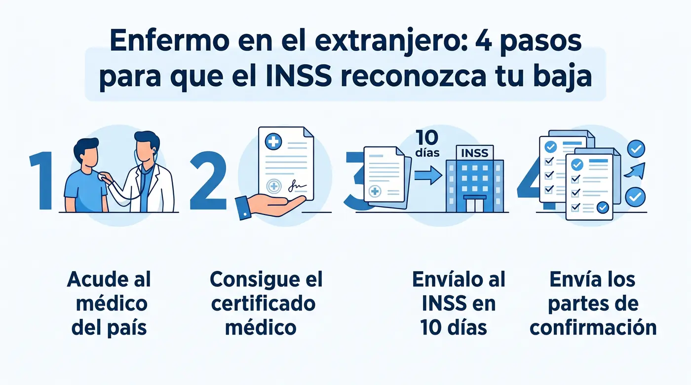 Infografía con los 4 pasos para tramitar una baja médica causada en el extranjero ante el INSS