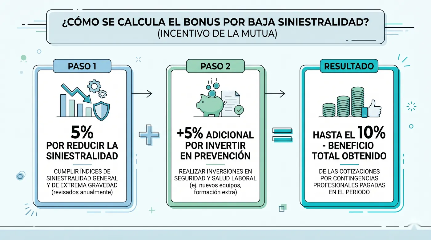 Infografía del cálculo del bonus: 5% por baja siniestralidad más 5% por inversión en prevención, hasta el 10% de las cotizaciones por contingencias profesionales